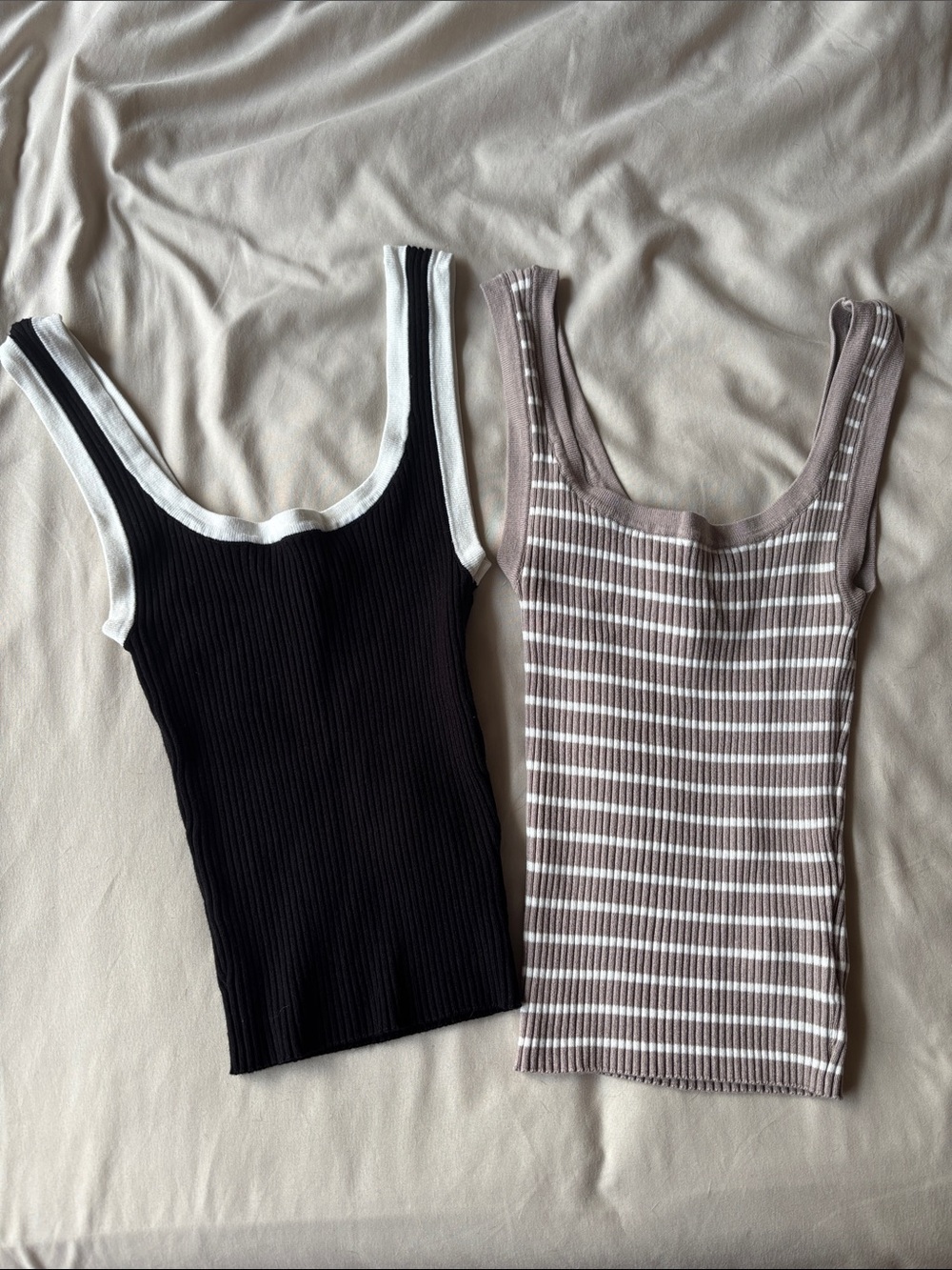 Ribbed Tank Top bundle - Black with White Trim / Taupe White Striped